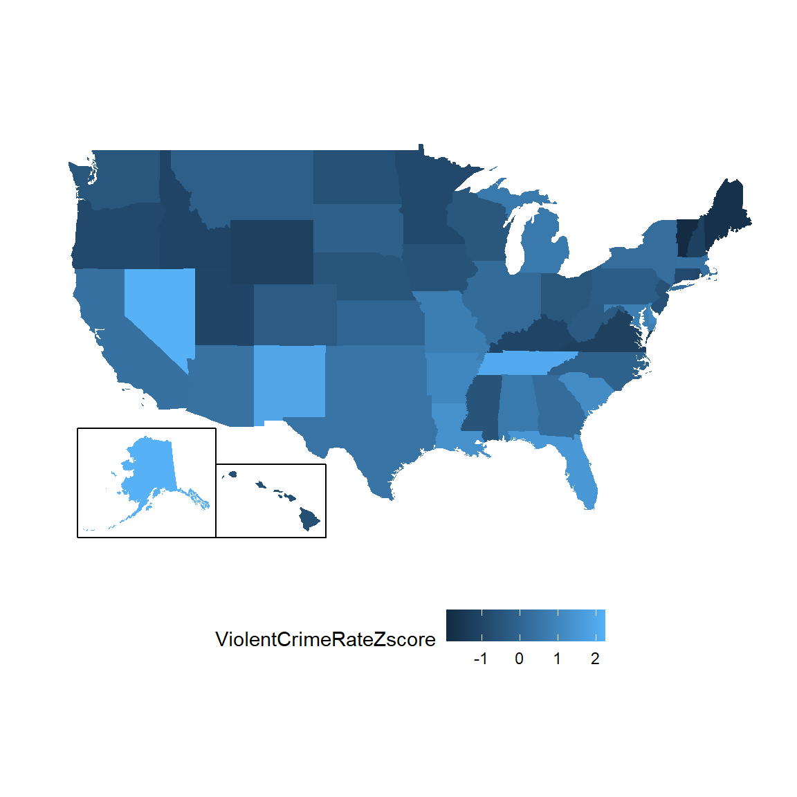 Datos de crímenes graficados sobre un mapa de Estados Unidos, presentados en puntajes Z (Z-scores).
